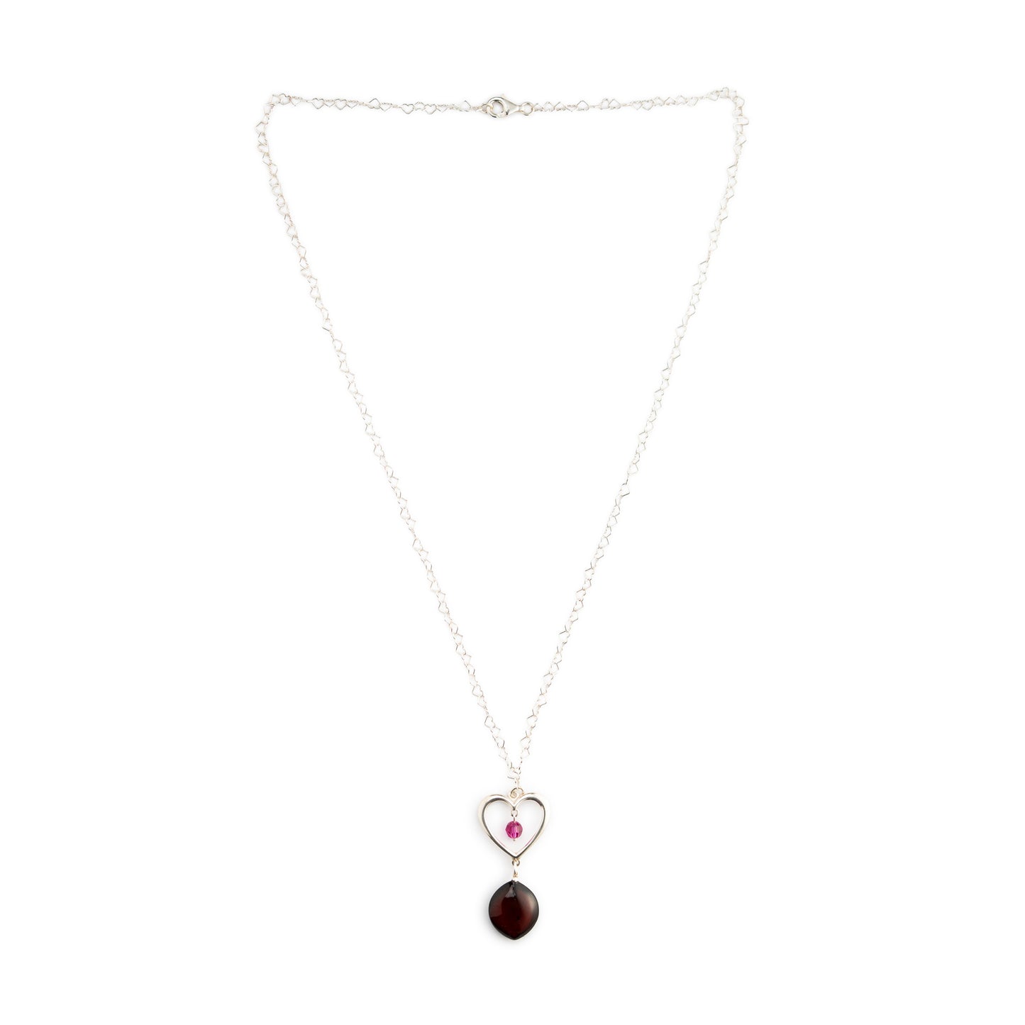 Collana Cuore in Argento con Swarovski Rosa e Goccia di Ambra