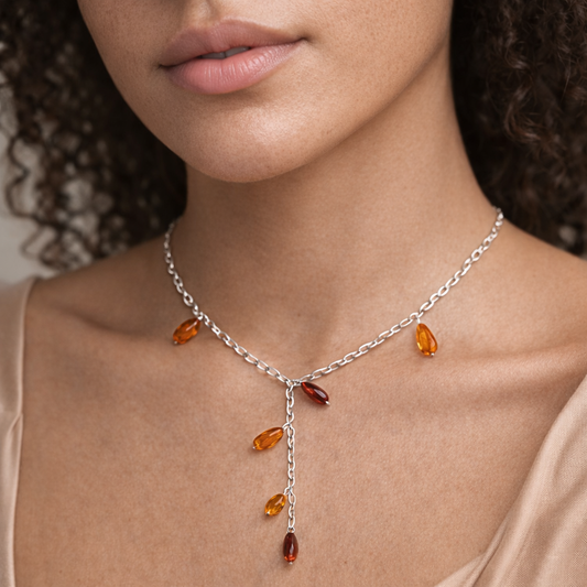Collana a Y in Argento con Gocce di Ambra Multicolore