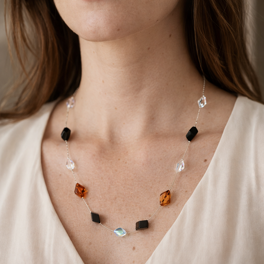Collana in Argento con Swarovski, Ambra Cognac e Elementi Neri
