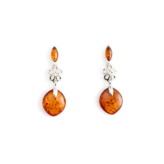 Orecchini Pendenti in Ambra Cognac con Marquise e Fiore