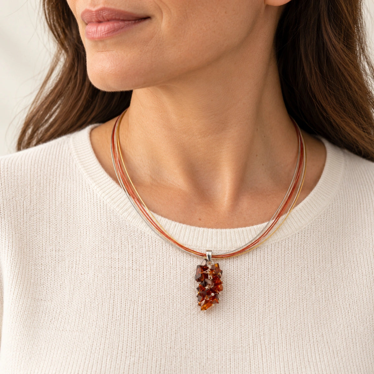 Collana Multifilo in Acciaio e Argento con Pendente Bouquet in Ambra Cognac