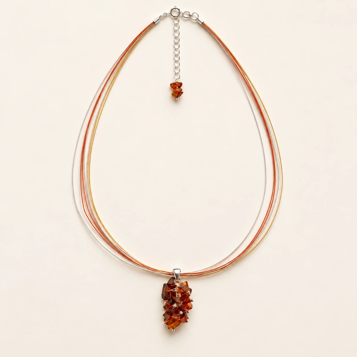 Collana Multifilo in Acciaio e Argento con Pendente Bouquet in Ambra Cognac