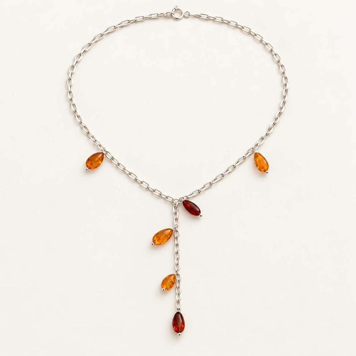 Collana a Y in Argento con Gocce di Ambra Multicolore