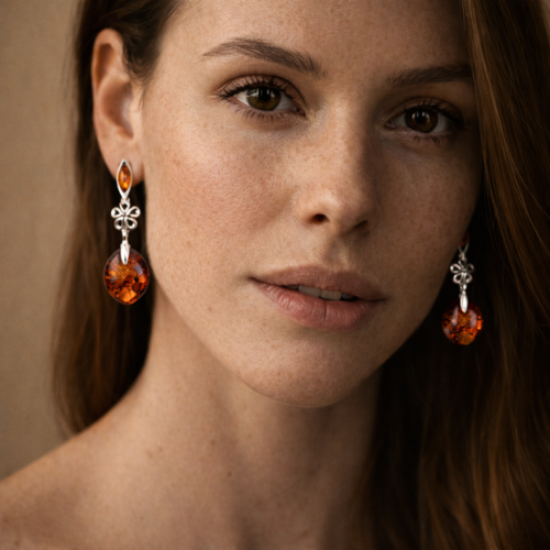 Orecchini Pendenti in Ambra Cognac con Marquise e Fiore