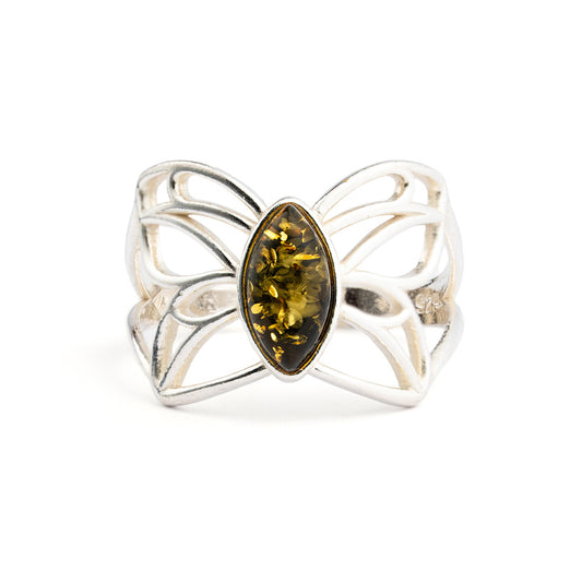 Anello in Ambra Verde con Fascia Trafitta a Farfalla