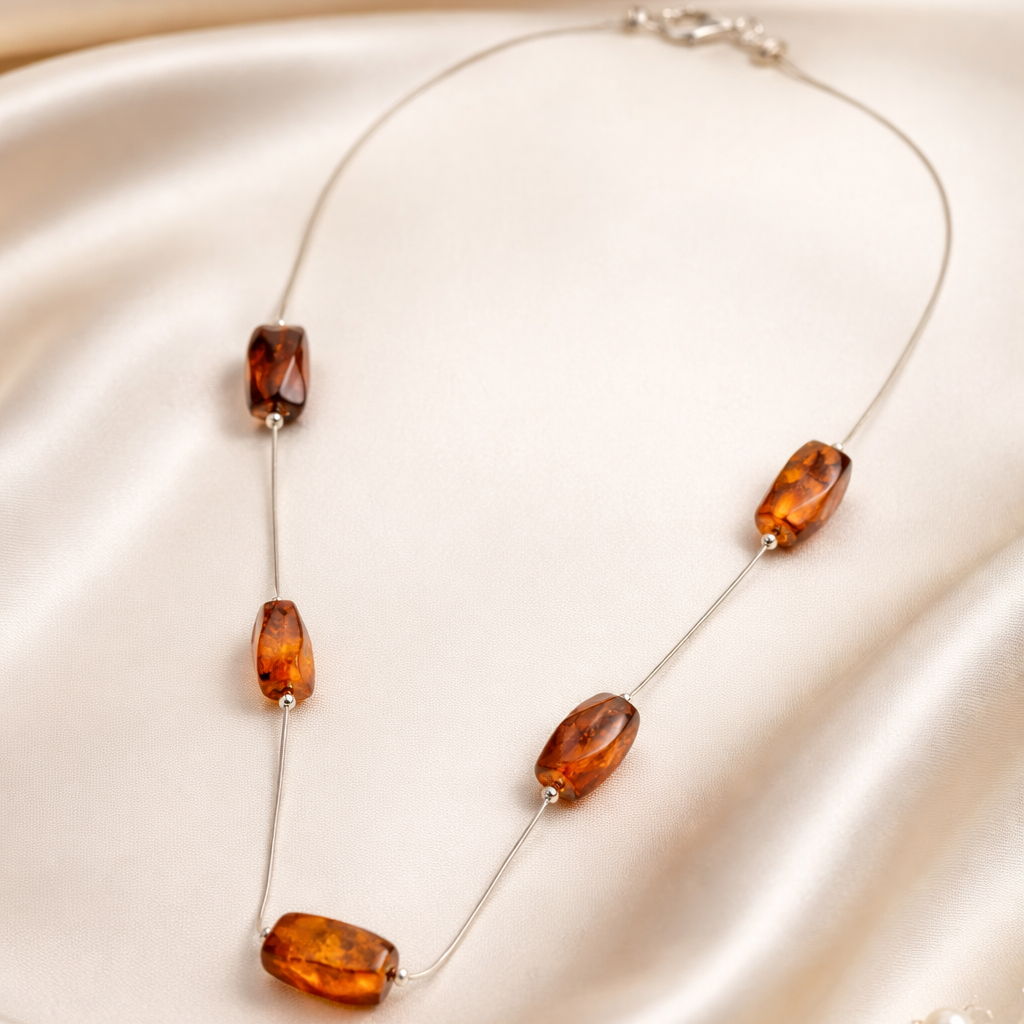 Collana in Ambra Cognac su Cavetto in Argento