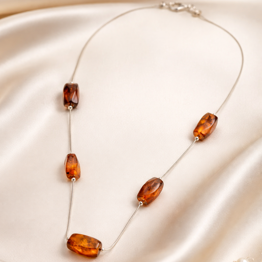 Collana in Ambra Cognac su Cavetto in Argento