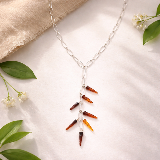 Collana in Argento con Cascata di Cornetti in Ambra