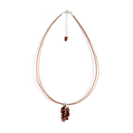 Collana Multifilo in Acciaio e Argento con Pendente Bouquet in Ambra Cognac