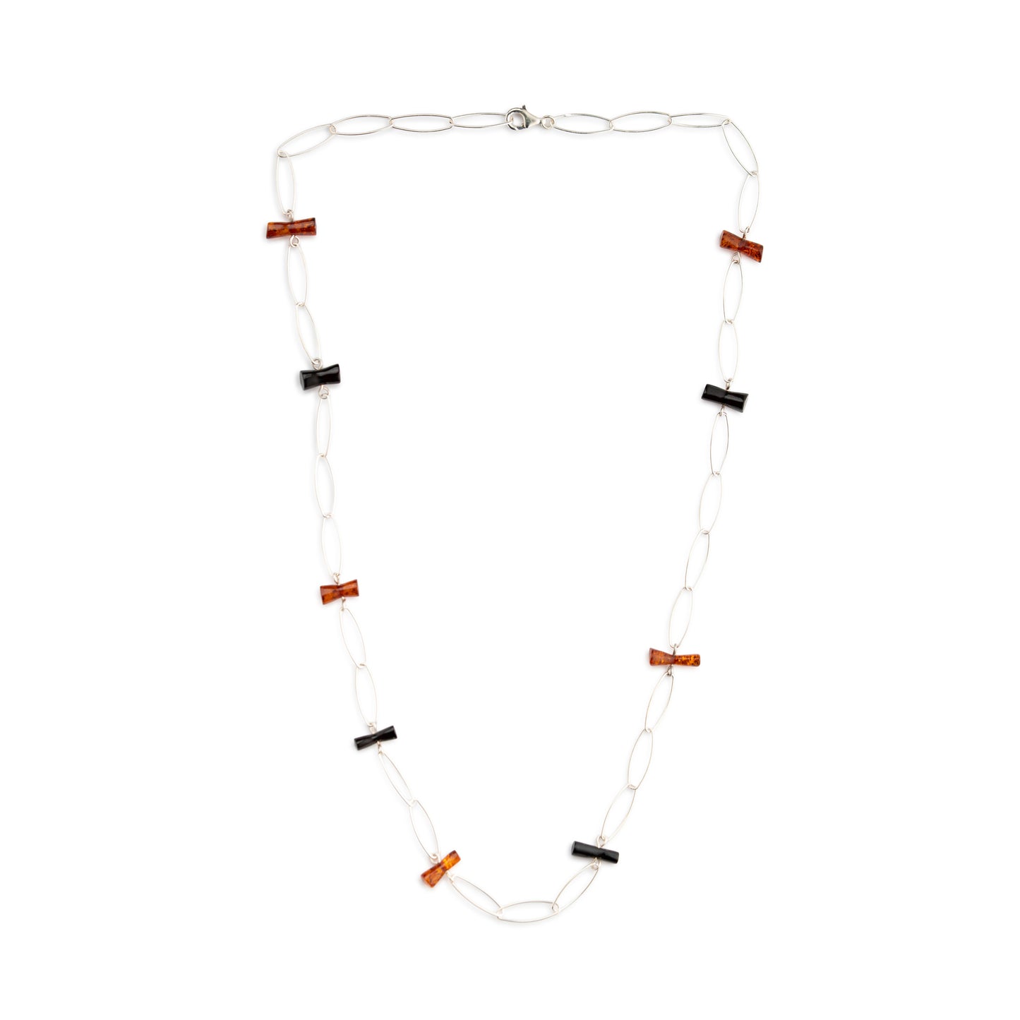 Collana Lunga in Argento con Barrette di Ambra Cognac e Scura
