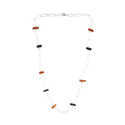 Collana Lunga in Argento con Barrette di Ambra Cognac e Scura