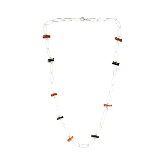 Collana Lunga in Argento con Barrette di Ambra Cognac e Scura