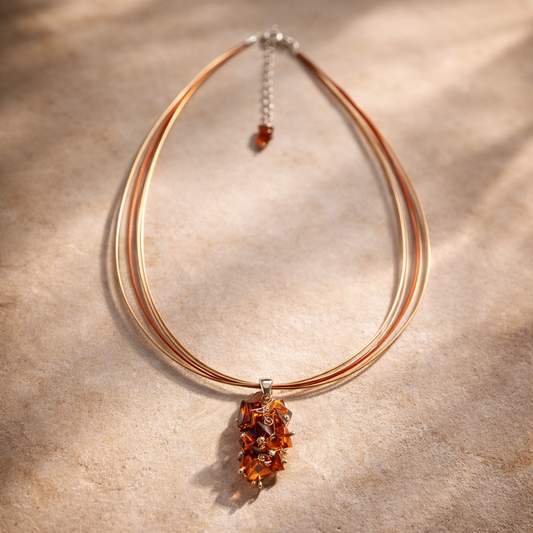 Collana Multifilo in Acciaio e Argento con Pendente Bouquet in Ambra Cognac