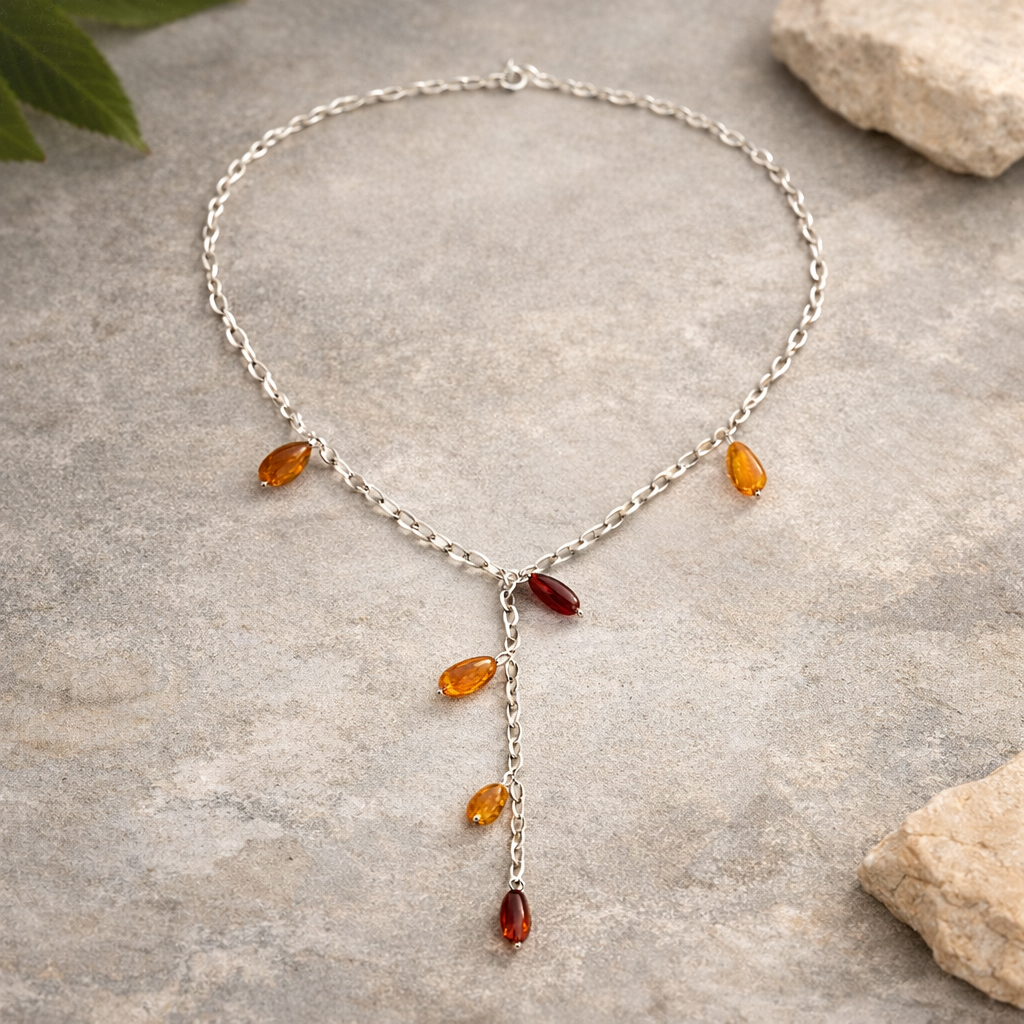Collana a Y in Argento con Gocce di Ambra Multicolore