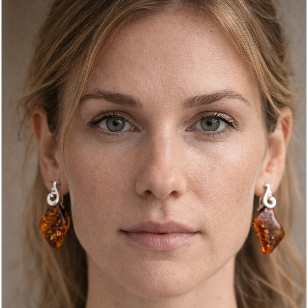 Orecchini in Ambra Cognac Forma Libera con Gancio a Voluta