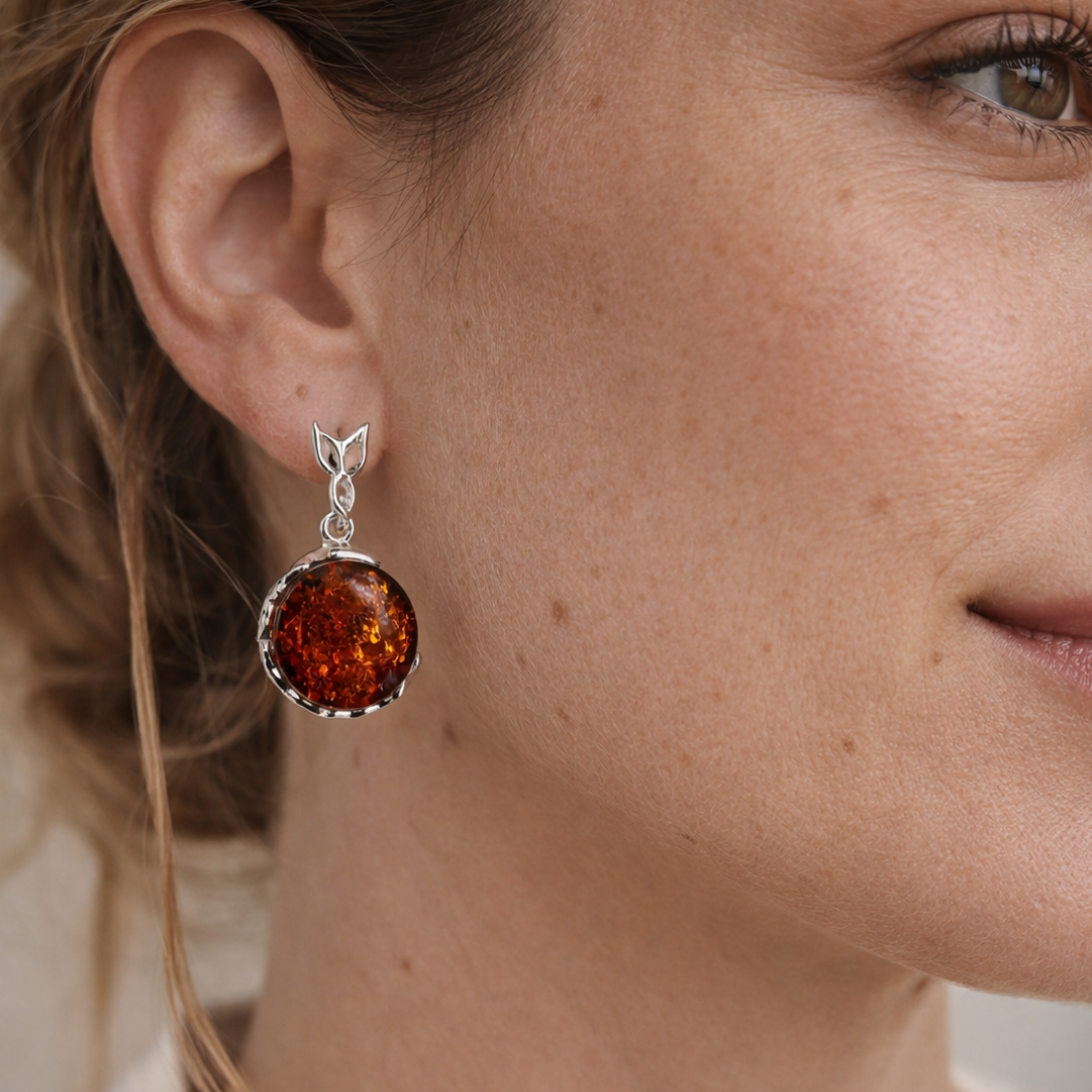 Orecchini Pendenti in Ambra Cognac Rotonda con Cornice Dentellata