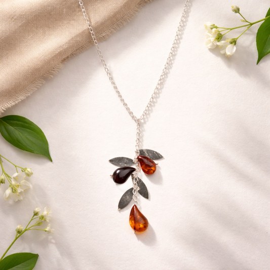 Collana Ramo d’Ulivo in Argento con Gocce di Ambra