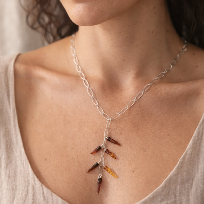 Collana in Argento con Cascata di Cornetti in Ambra