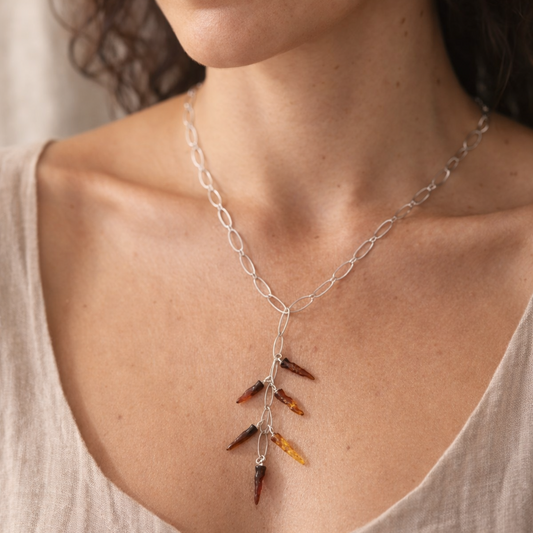 Collana in Argento con Cascata di Cornetti in Ambra