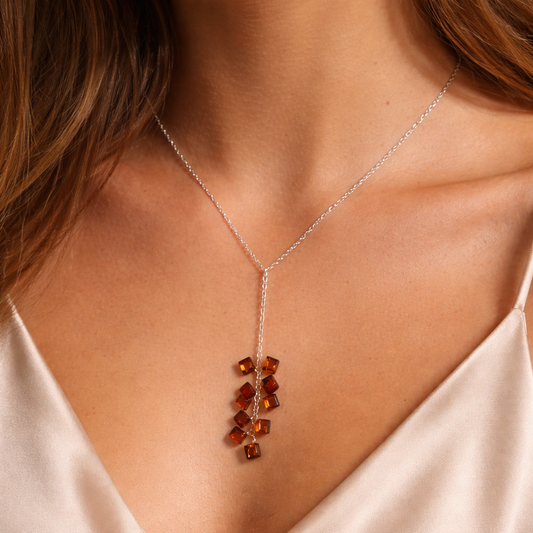 Collana in Argento con Cascata di Cubi in Ambra Cognac