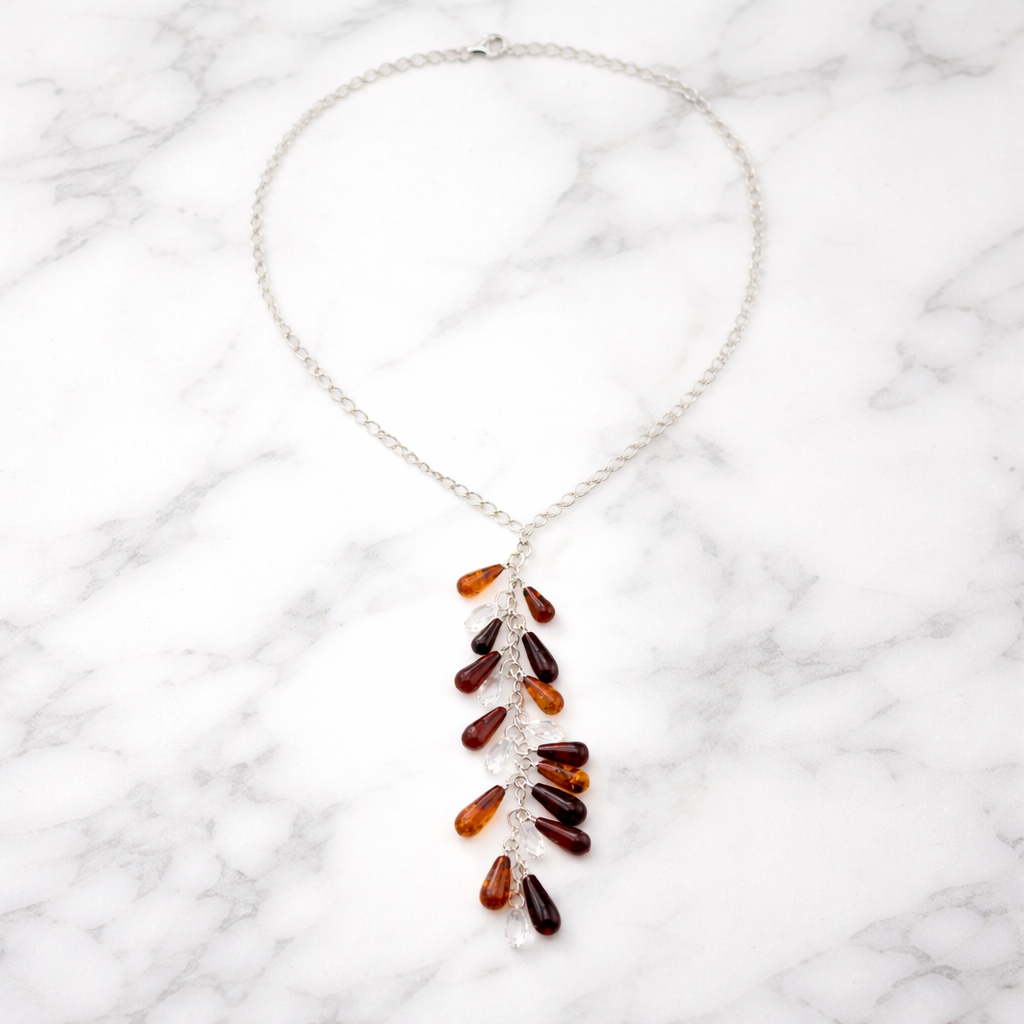 Collana Cascata di Ambra e Swarovski su Catena in Argento