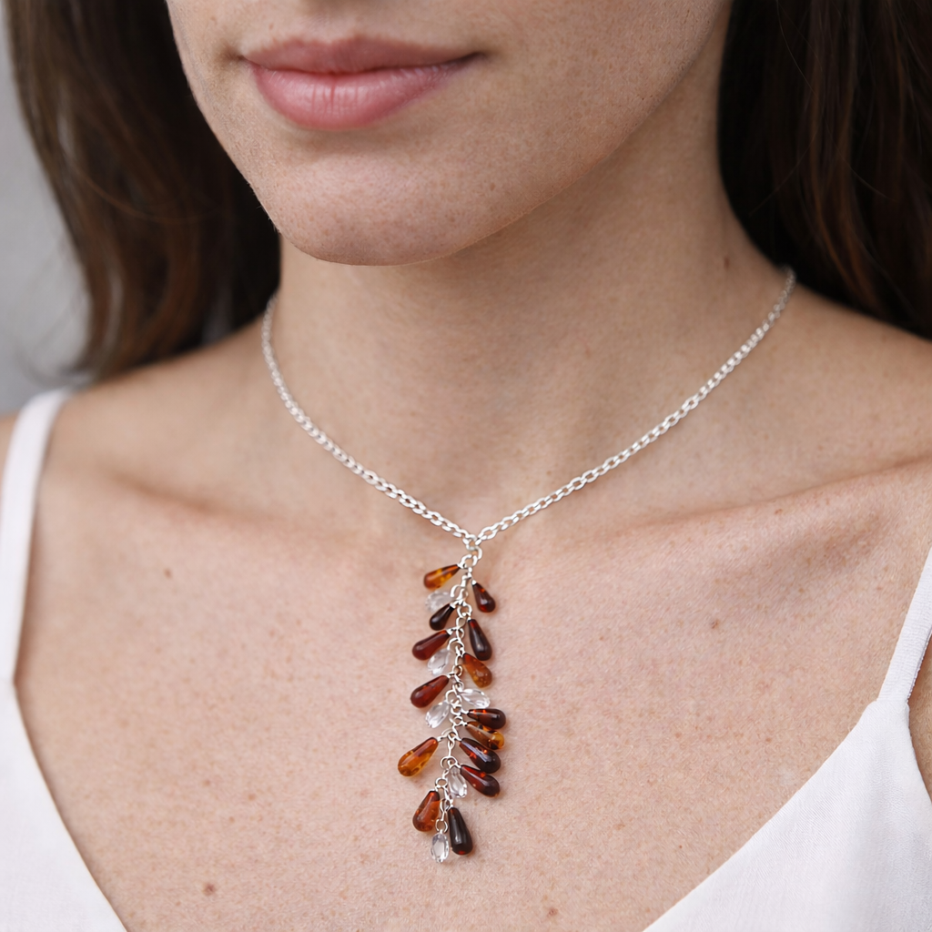 Collana Cascata di Ambra e Swarovski su Catena in Argento