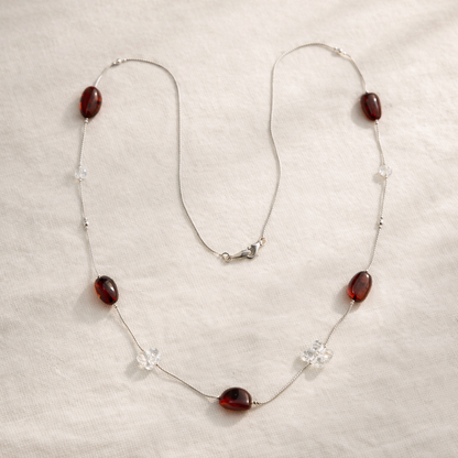 Collana in Ambra Scura e Swarovski su Cavetto in Argento