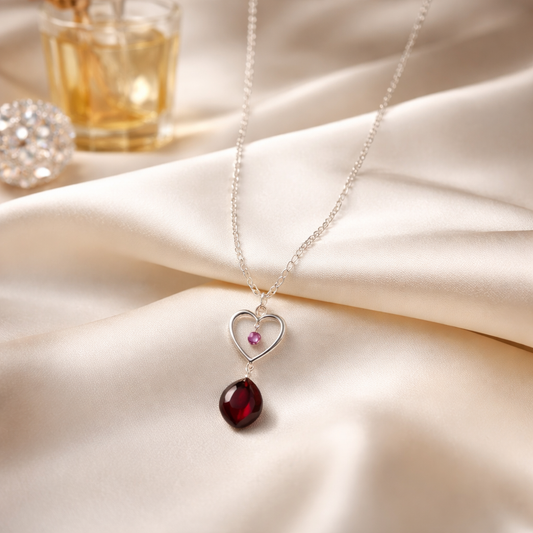 Collana Cuore in Argento con Swarovski Rosa e Goccia di Ambra
