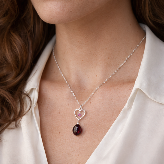 Collana Cuore in Argento con Swarovski Rosa e Goccia di Ambra