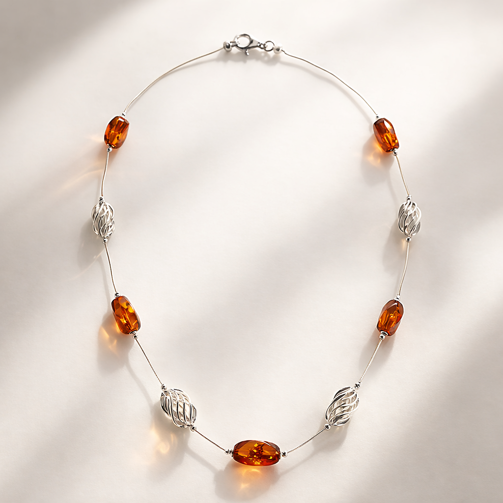 Collana in Ambra Cognac e Argento con Elementi Traforati