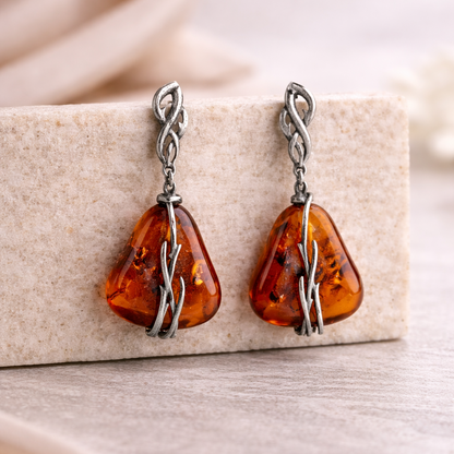 Orecchini in Ambra Cognac a Goccia con Filigrana