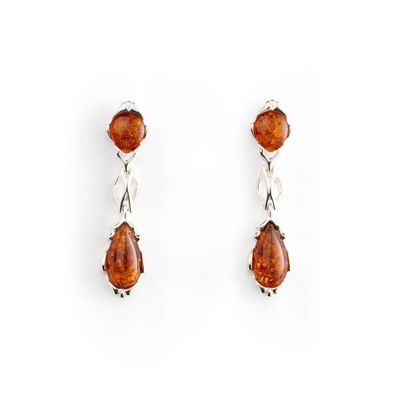 Orecchini Pendenti in Ambra Cognac Doppia Pietra