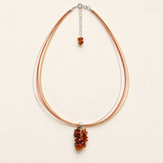 Collana Multifilo in Acciaio e Argento con Pendente Bouquet in Ambra Cognac
