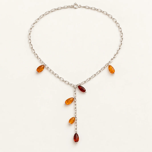 Collana a Y in Argento con Gocce di Ambra Multicolore