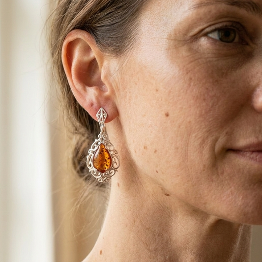 Orecchini Pendenti in Ambra Cognac con Cornice Filigranata