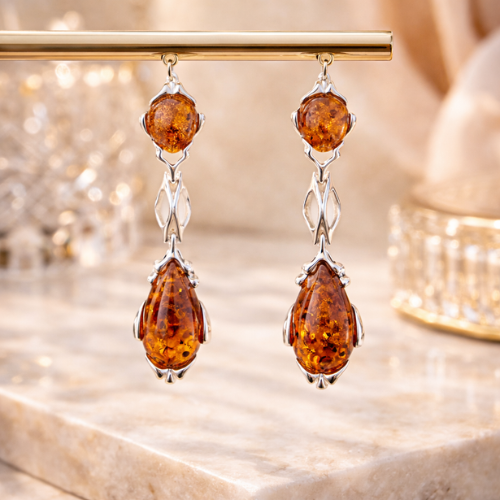 Orecchini Pendenti in Ambra Cognac Doppia Pietra