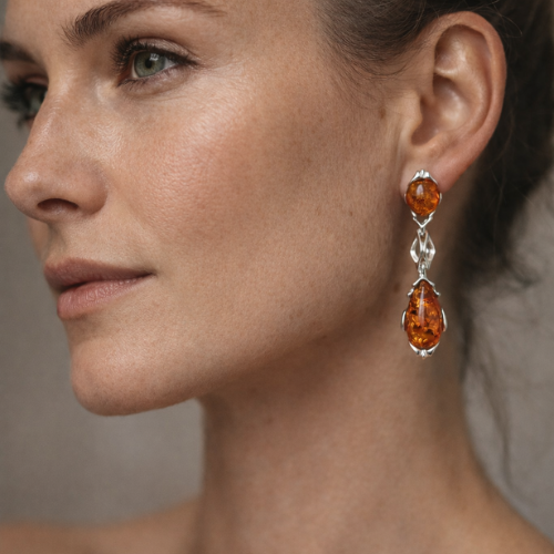 Orecchini Pendenti in Ambra Cognac Doppia Pietra