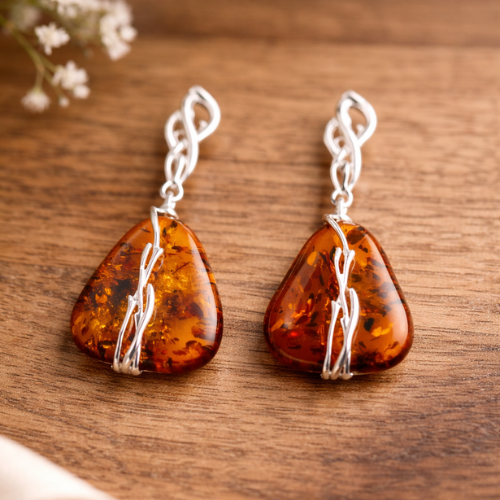 Orecchini Pendenti in Ambra Cognac con Intreccio d’Argento