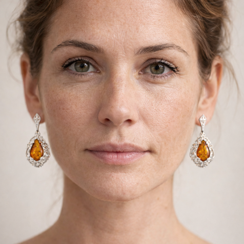 Orecchini Pendenti in Ambra Cognac con Cornice Filigranata