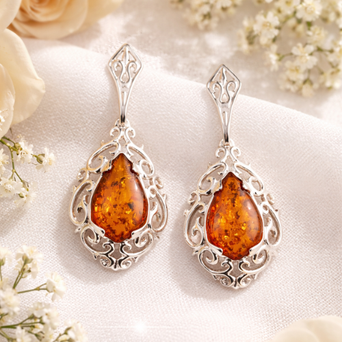 Orecchini Pendenti in Ambra Cognac con Cornice Filigranata