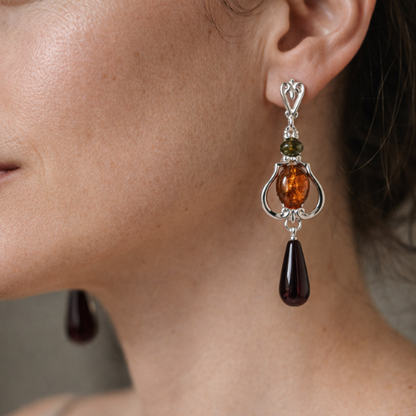 Orecchini Pendenti in Ambra Cognac con Goccia Scura