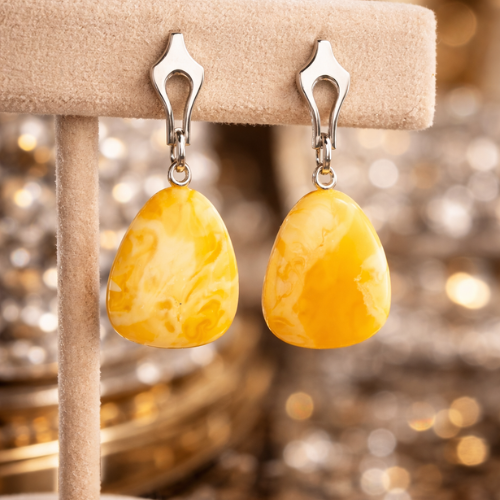 Orecchini Pendenti in Ambra Latte e Argento