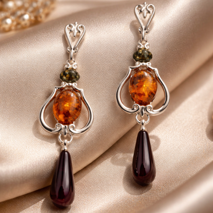 Orecchini Pendenti in Ambra Cognac con Goccia Scura