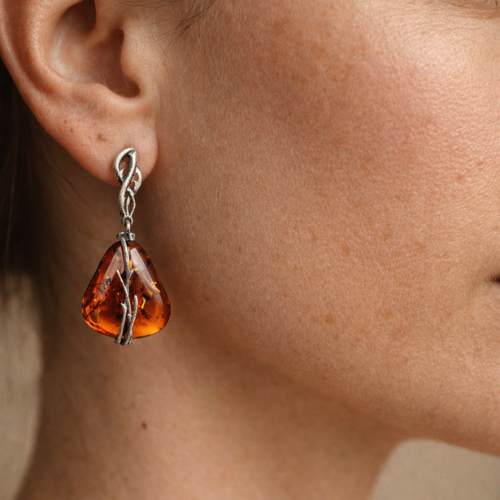 Orecchini in Ambra Cognac a Goccia con Filigrana